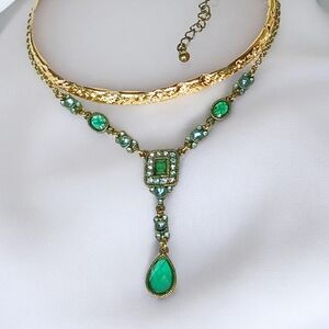 Vintage Signed Old Gold Teal Y Drop Necklace Bling Luxe Modern Retro Glam 1980s
